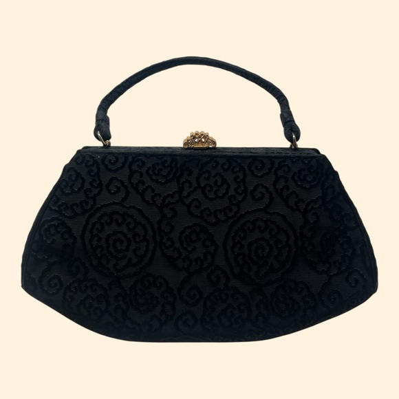 Lewis Vintage 1960s Black Embroidered Evening Handbag - Picture 2 of 11